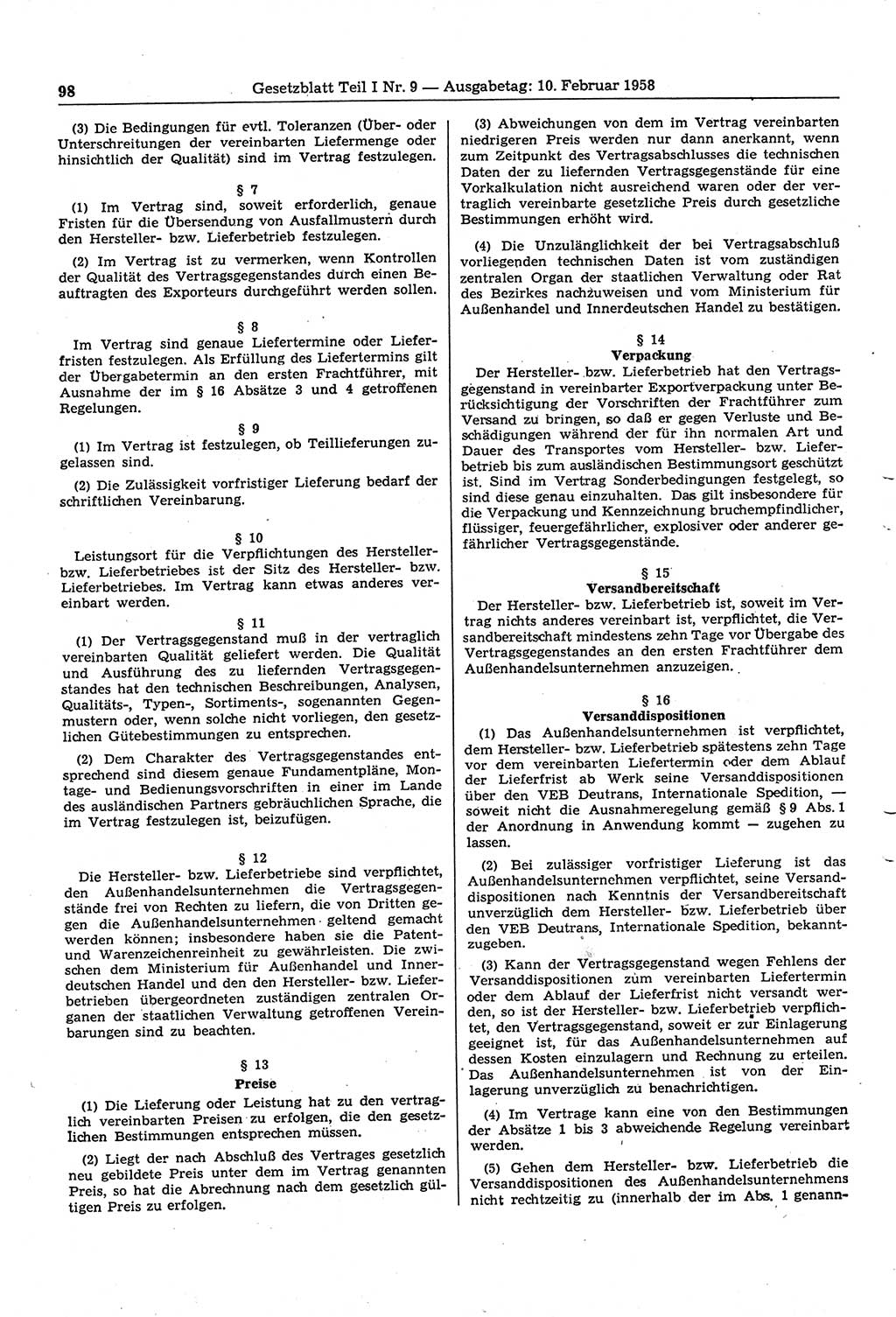 Gesetzblatt (GBl.) der Deutschen Demokratischen Republik (DDR) Teil Ⅰ 1958, Seite 98 (GBl. DDR Ⅰ 1958, S. 98)