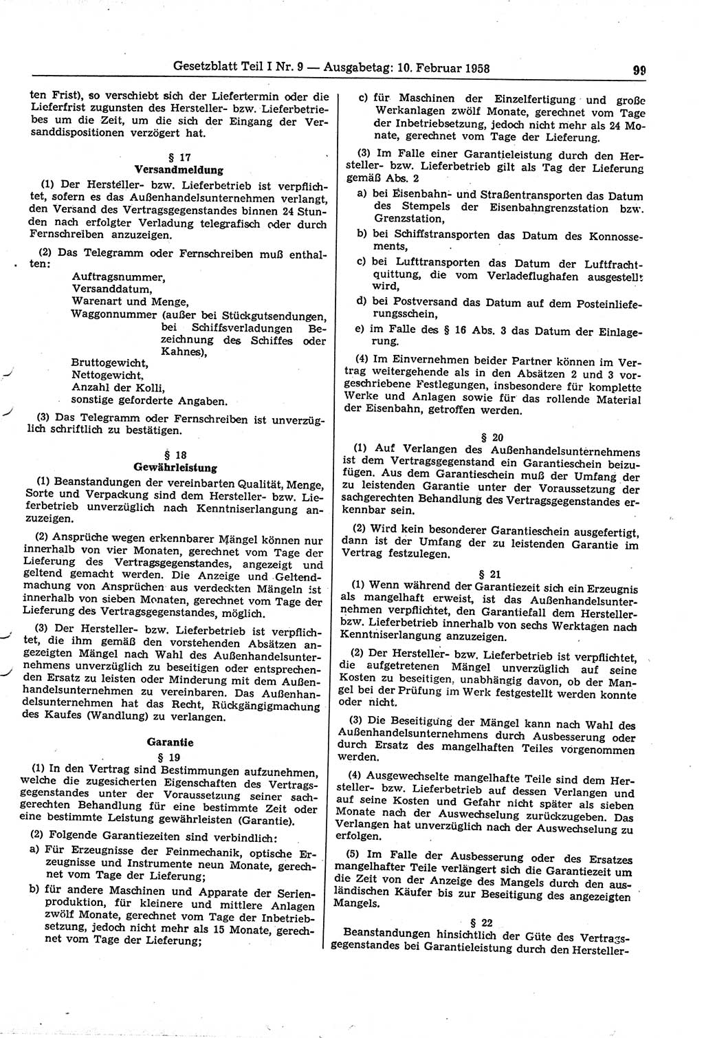 Gesetzblatt (GBl.) der Deutschen Demokratischen Republik (DDR) Teil Ⅰ 1958, Seite 99 (GBl. DDR Ⅰ 1958, S. 99)