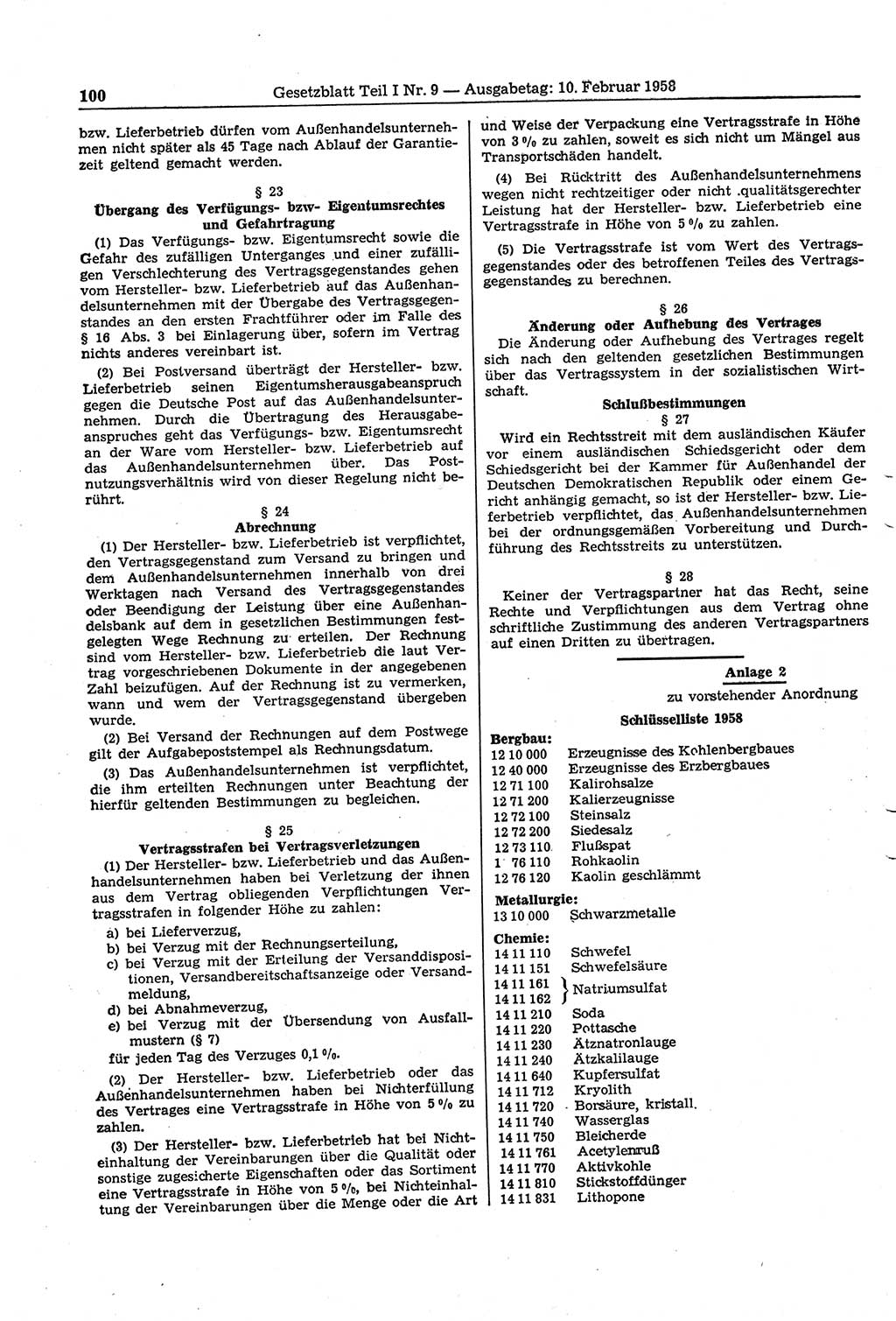 Gesetzblatt (GBl.) der Deutschen Demokratischen Republik (DDR) Teil Ⅰ 1958, Seite 100 (GBl. DDR Ⅰ 1958, S. 100)