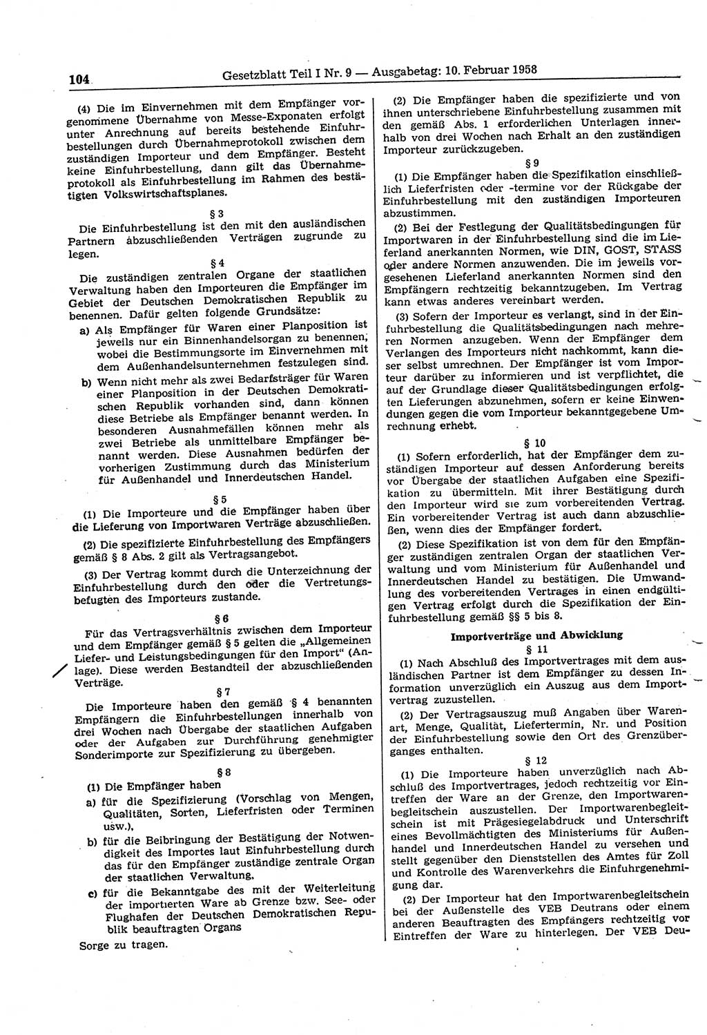 Gesetzblatt (GBl.) der Deutschen Demokratischen Republik (DDR) Teil Ⅰ 1958, Seite 104 (GBl. DDR Ⅰ 1958, S. 104)