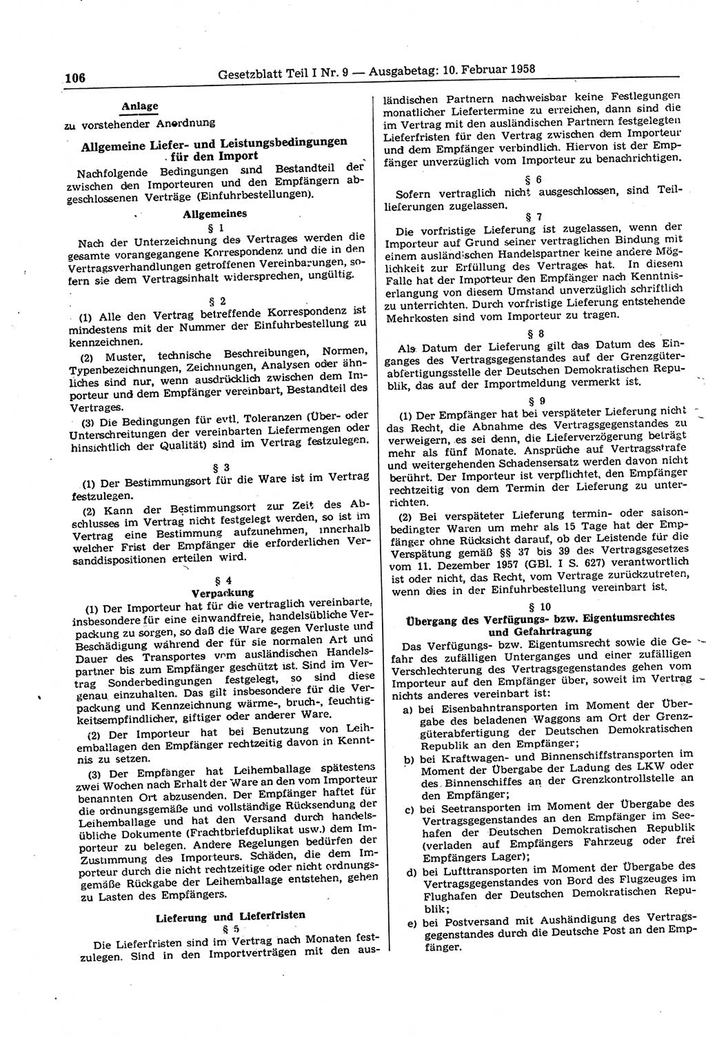 Gesetzblatt (GBl.) der Deutschen Demokratischen Republik (DDR) Teil Ⅰ 1958, Seite 106 (GBl. DDR Ⅰ 1958, S. 106)