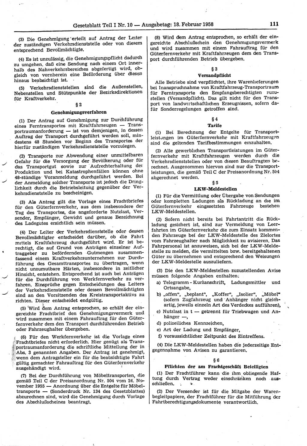Gesetzblatt (GBl.) der Deutschen Demokratischen Republik (DDR) Teil Ⅰ 1958, Seite 111 (GBl. DDR Ⅰ 1958, S. 111)