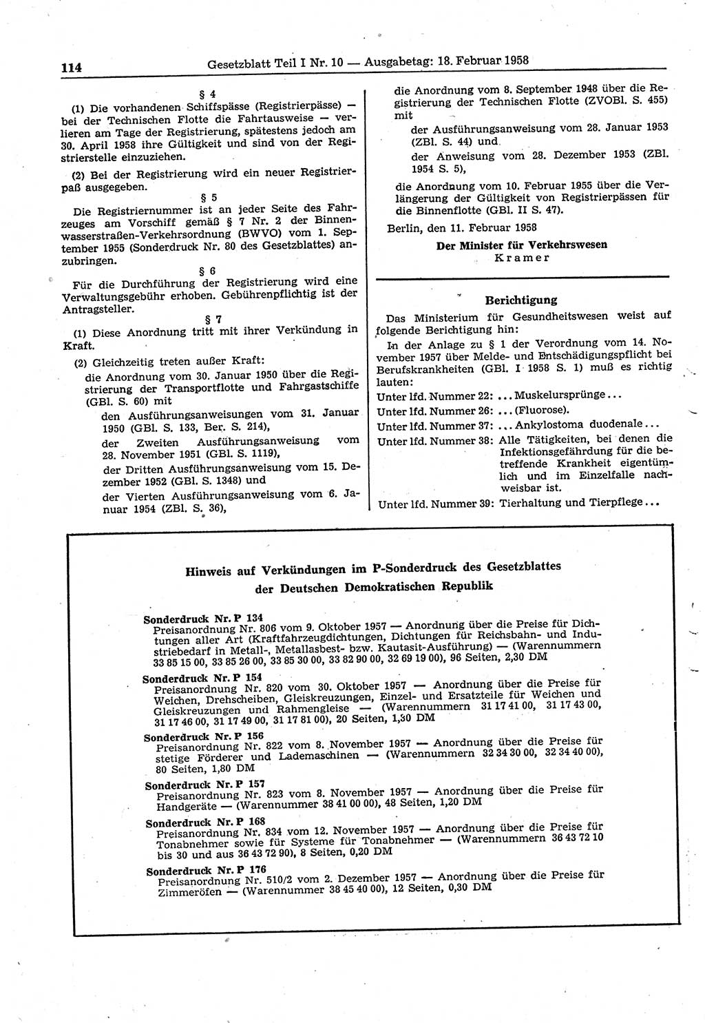 Gesetzblatt (GBl.) der Deutschen Demokratischen Republik (DDR) Teil Ⅰ 1958, Seite 114 (GBl. DDR Ⅰ 1958, S. 114)