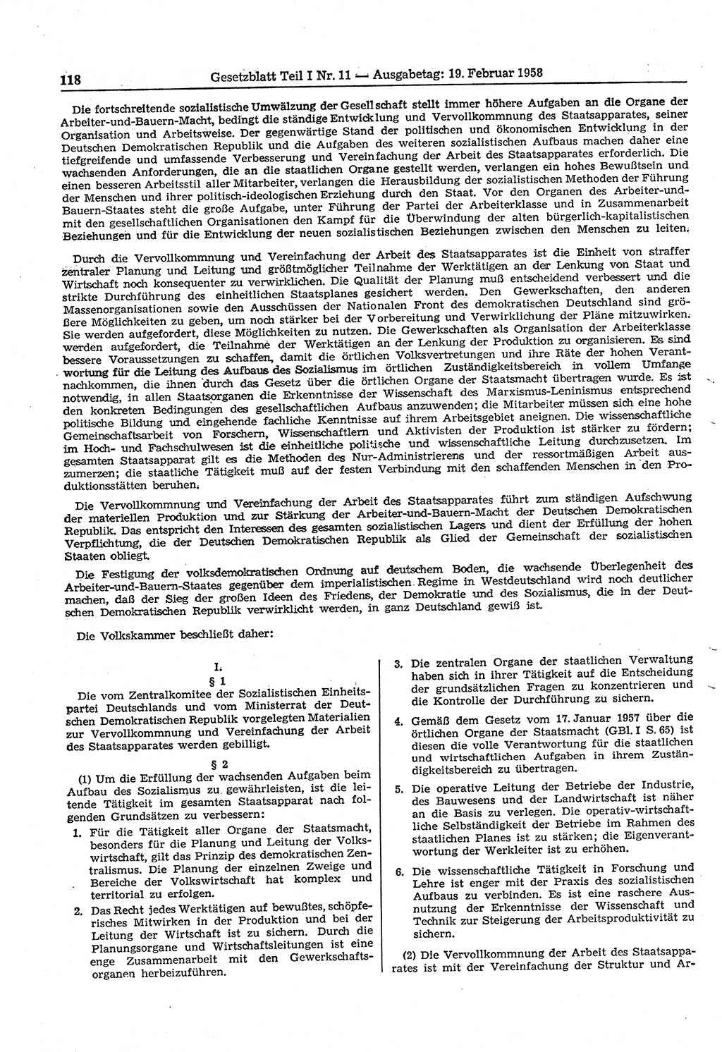Gesetzblatt (GBl.) der Deutschen Demokratischen Republik (DDR) Teil Ⅰ 1958, Seite 118 (GBl. DDR Ⅰ 1958, S. 118)