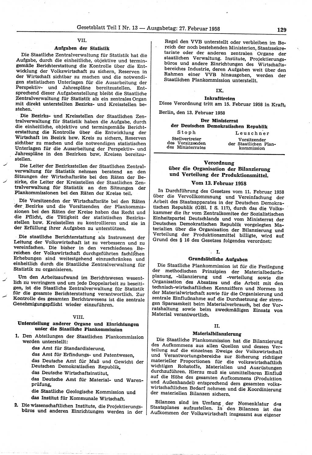 Gesetzblatt (GBl.) der Deutschen Demokratischen Republik (DDR) Teil Ⅰ 1958, Seite 129 (GBl. DDR Ⅰ 1958, S. 129)