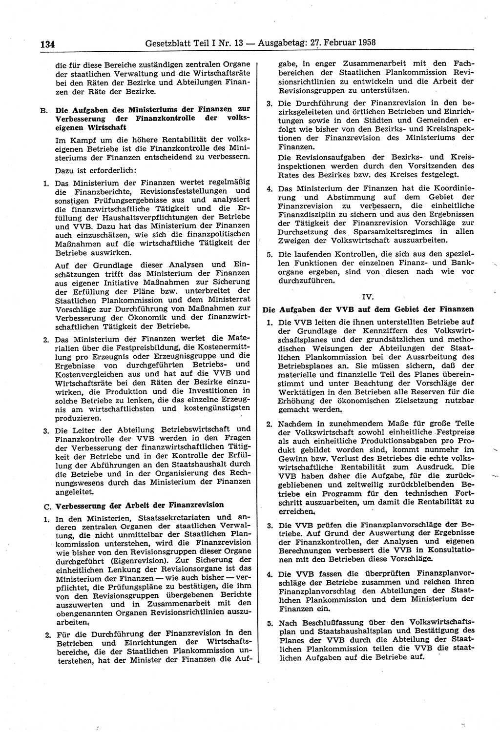 Gesetzblatt (GBl.) der Deutschen Demokratischen Republik (DDR) Teil Ⅰ 1958, Seite 134 (GBl. DDR Ⅰ 1958, S. 134)