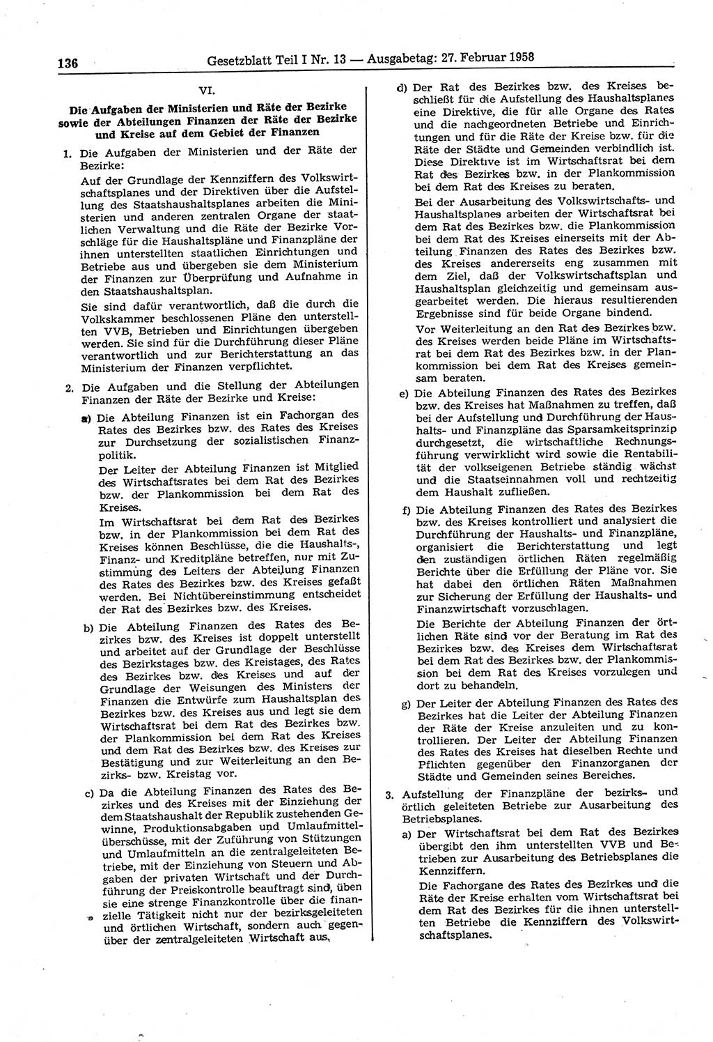 Gesetzblatt (GBl.) der Deutschen Demokratischen Republik (DDR) Teil Ⅰ 1958, Seite 136 (GBl. DDR Ⅰ 1958, S. 136)