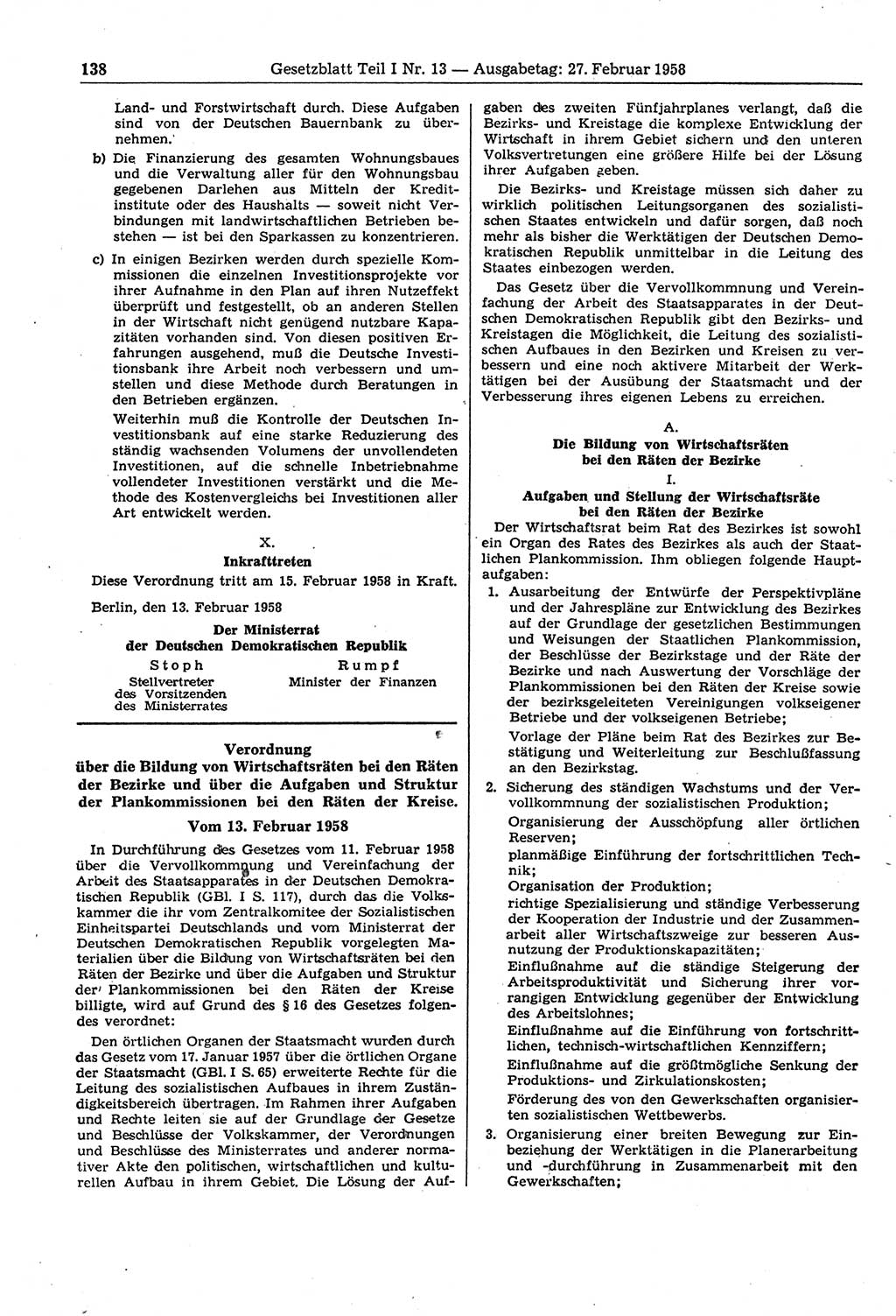Gesetzblatt (GBl.) der Deutschen Demokratischen Republik (DDR) Teil Ⅰ 1958, Seite 138 (GBl. DDR Ⅰ 1958, S. 138)