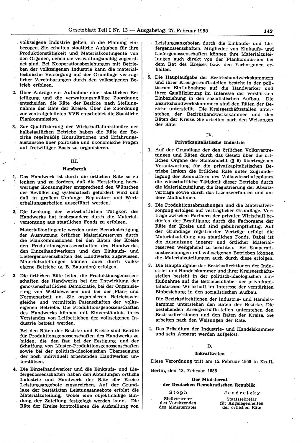 Gesetzblatt (GBl.) der Deutschen Demokratischen Republik (DDR) Teil Ⅰ 1958, Seite 143 (GBl. DDR Ⅰ 1958, S. 143)
