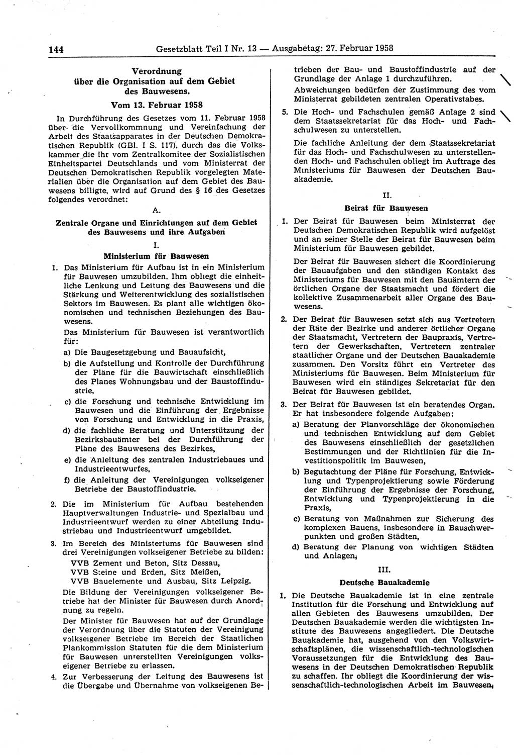 Gesetzblatt (GBl.) der Deutschen Demokratischen Republik (DDR) Teil Ⅰ 1958, Seite 144 (GBl. DDR Ⅰ 1958, S. 144)