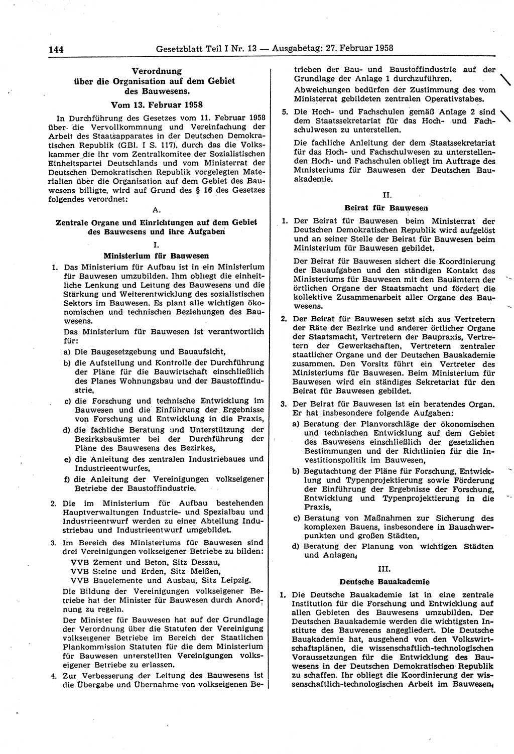 Gesetzblatt (GBl.) der Deutschen Demokratischen Republik (DDR) Teil Ⅰ 1958, Seite 144 (GBl. DDR Ⅰ 1958, S. 144)