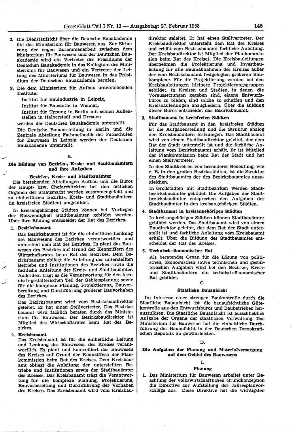 Gesetzblatt (GBl.) der Deutschen Demokratischen Republik (DDR) Teil Ⅰ 1958, Seite 145 (GBl. DDR Ⅰ 1958, S. 145)