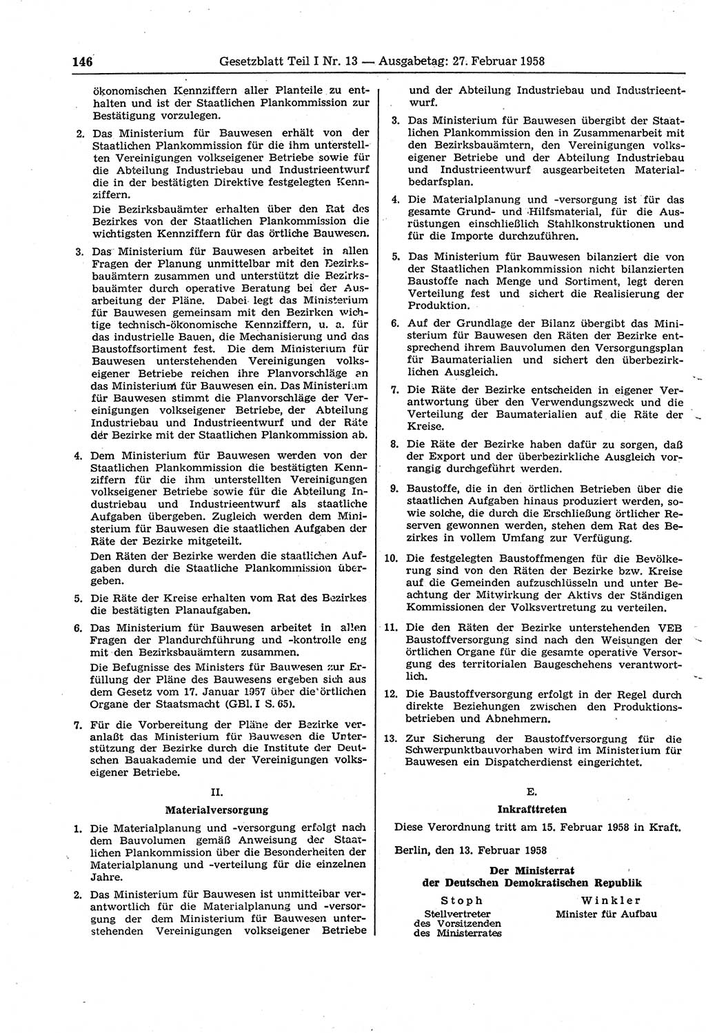 Gesetzblatt (GBl.) der Deutschen Demokratischen Republik (DDR) Teil Ⅰ 1958, Seite 146 (GBl. DDR Ⅰ 1958, S. 146)