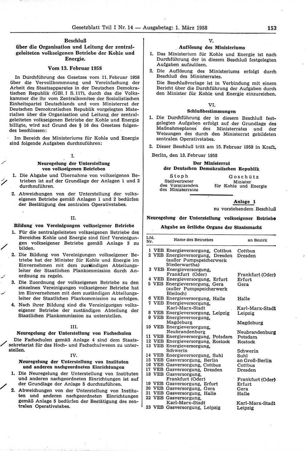 Gesetzblatt (GBl.) der Deutschen Demokratischen Republik (DDR) Teil Ⅰ 1958, Seite 153 (GBl. DDR Ⅰ 1958, S. 153)