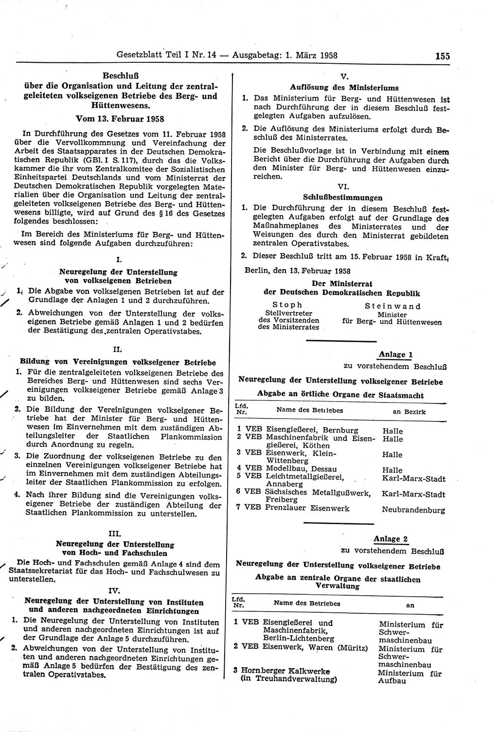 Gesetzblatt (GBl.) der Deutschen Demokratischen Republik (DDR) Teil Ⅰ 1958, Seite 155 (GBl. DDR Ⅰ 1958, S. 155)