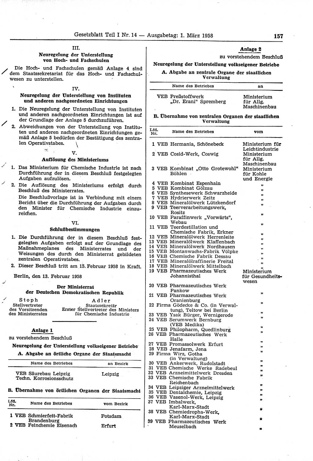 Gesetzblatt (GBl.) der Deutschen Demokratischen Republik (DDR) Teil Ⅰ 1958, Seite 157 (GBl. DDR Ⅰ 1958, S. 157)