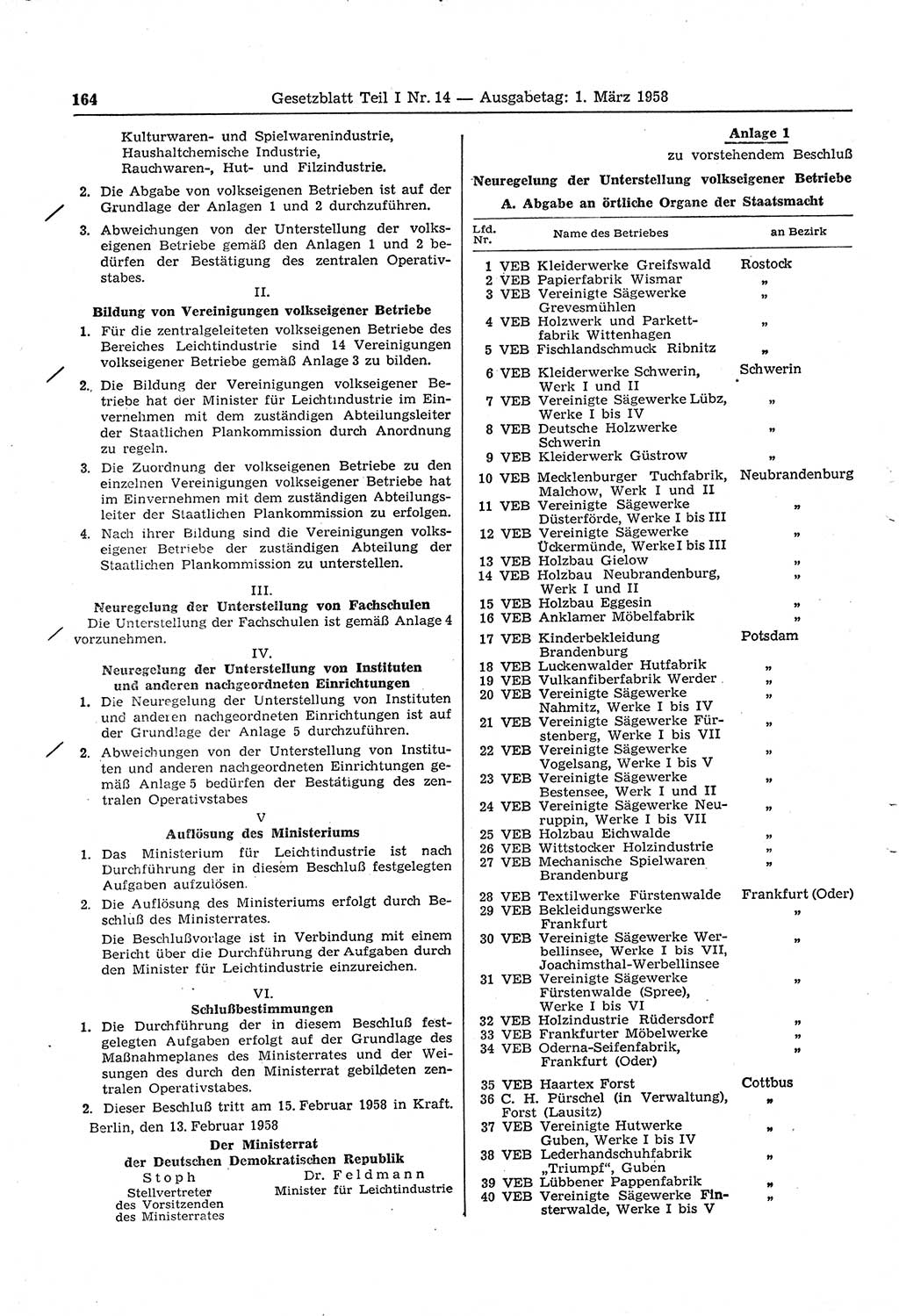 Gesetzblatt (GBl.) der Deutschen Demokratischen Republik (DDR) Teil â… 1958, Seite 164 (GBl. DDR â… 1958, S. 164)