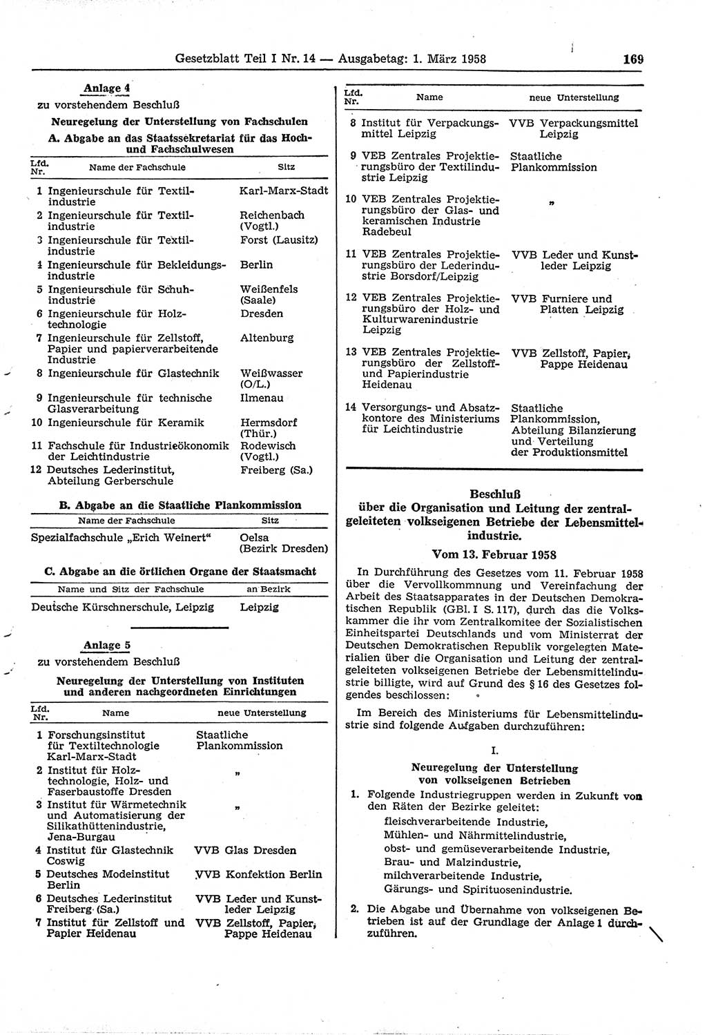 Gesetzblatt (GBl.) der Deutschen Demokratischen Republik (DDR) Teil Ⅰ 1958, Seite 169 (GBl. DDR Ⅰ 1958, S. 169)