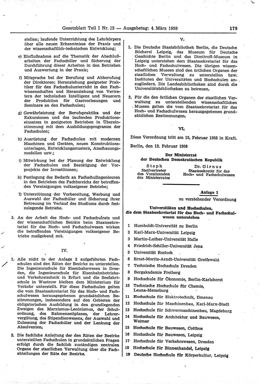 Gesetzblatt (GBl.) der Deutschen Demokratischen Republik (DDR) Teil Ⅰ 1958, Seite 179 (GBl. DDR Ⅰ 1958, S. 179)