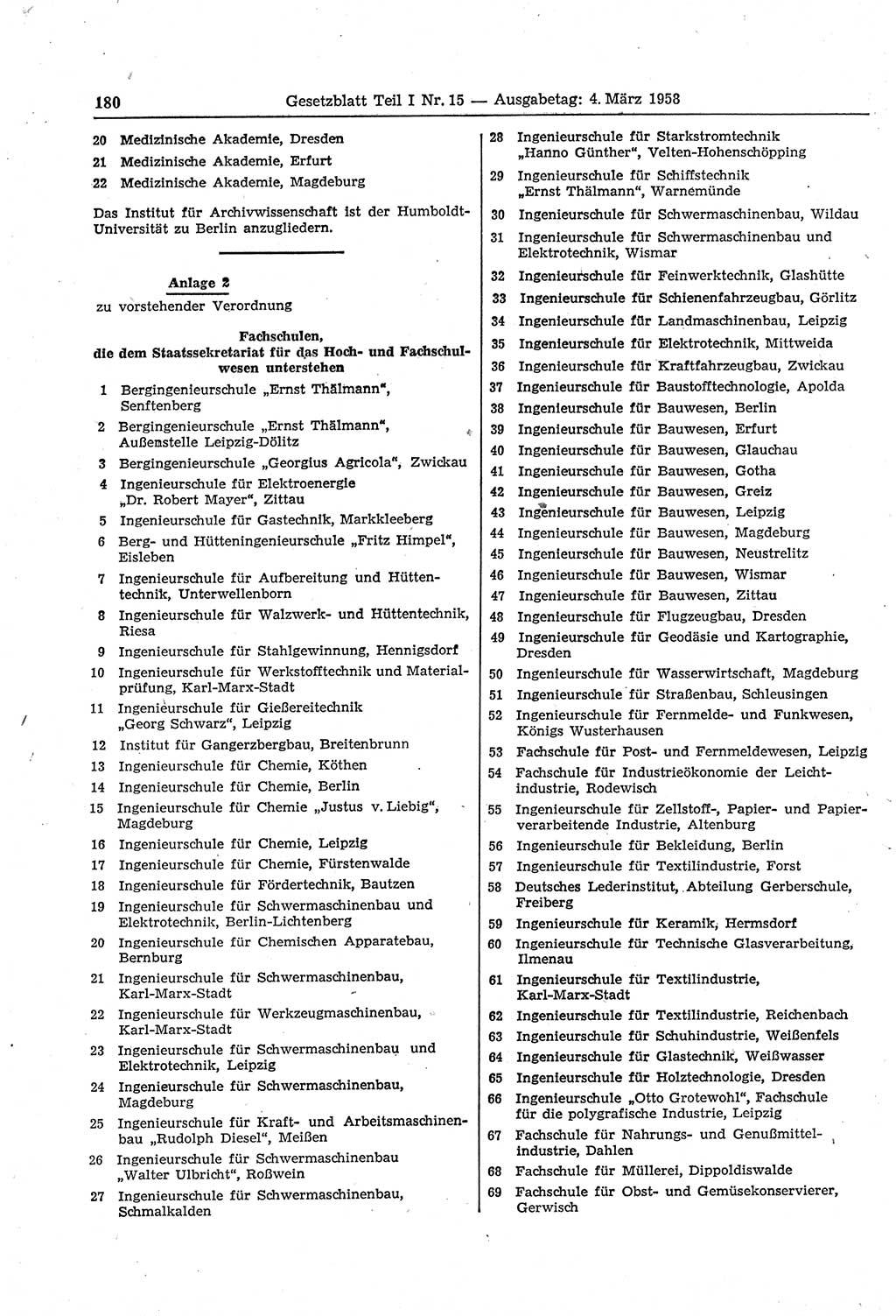 Gesetzblatt (GBl.) der Deutschen Demokratischen Republik (DDR) Teil Ⅰ 1958, Seite 180 (GBl. DDR Ⅰ 1958, S. 180)