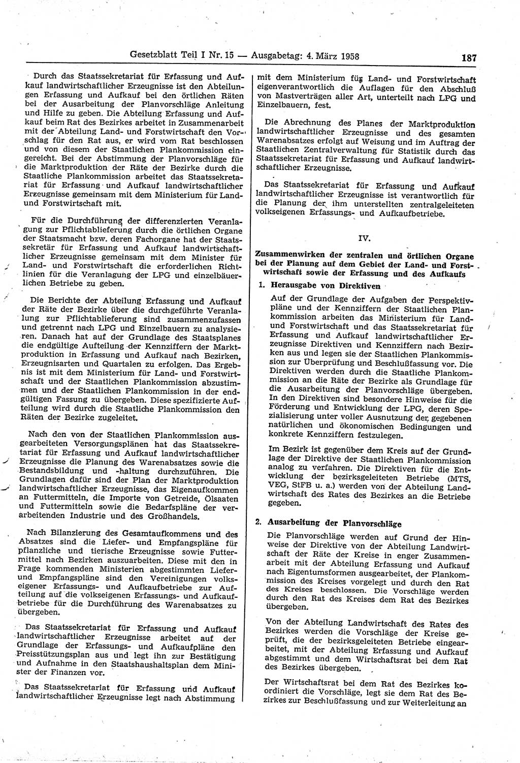 Gesetzblatt (GBl.) der Deutschen Demokratischen Republik (DDR) Teil Ⅰ 1958, Seite 187 (GBl. DDR Ⅰ 1958, S. 187)