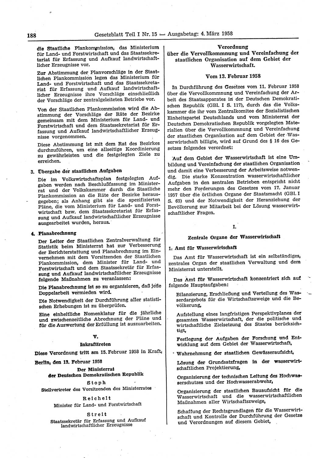 Gesetzblatt (GBl.) der Deutschen Demokratischen Republik (DDR) Teil Ⅰ 1958, Seite 188 (GBl. DDR Ⅰ 1958, S. 188)