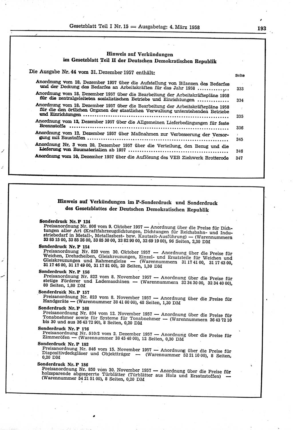 Gesetzblatt (GBl.) der Deutschen Demokratischen Republik (DDR) Teil Ⅰ 1958, Seite 193 (GBl. DDR Ⅰ 1958, S. 193)