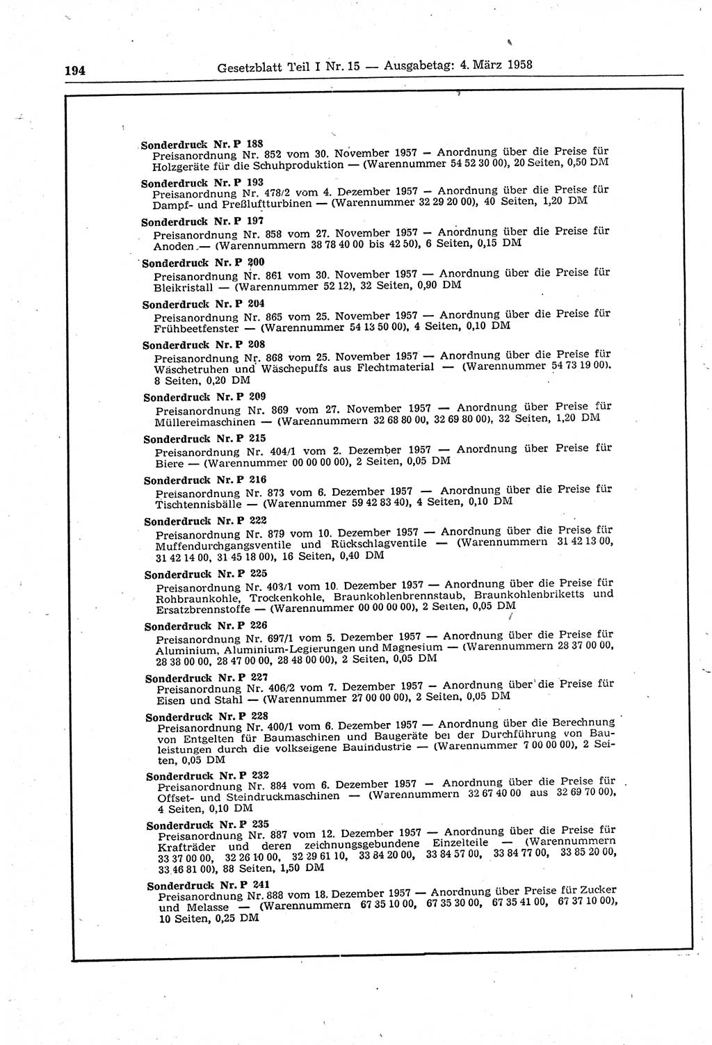 Gesetzblatt (GBl.) der Deutschen Demokratischen Republik (DDR) Teil Ⅰ 1958, Seite 194 (GBl. DDR Ⅰ 1958, S. 194)