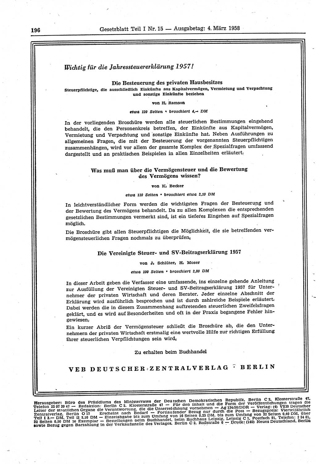 Gesetzblatt (GBl.) der Deutschen Demokratischen Republik (DDR) Teil Ⅰ 1958, Seite 196 (GBl. DDR Ⅰ 1958, S. 196)