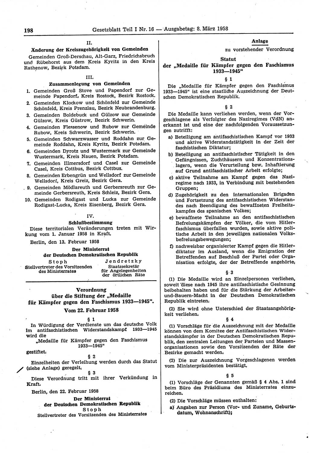 Gesetzblatt (GBl.) der Deutschen Demokratischen Republik (DDR) Teil Ⅰ 1958, Seite 198 (GBl. DDR Ⅰ 1958, S. 198)
