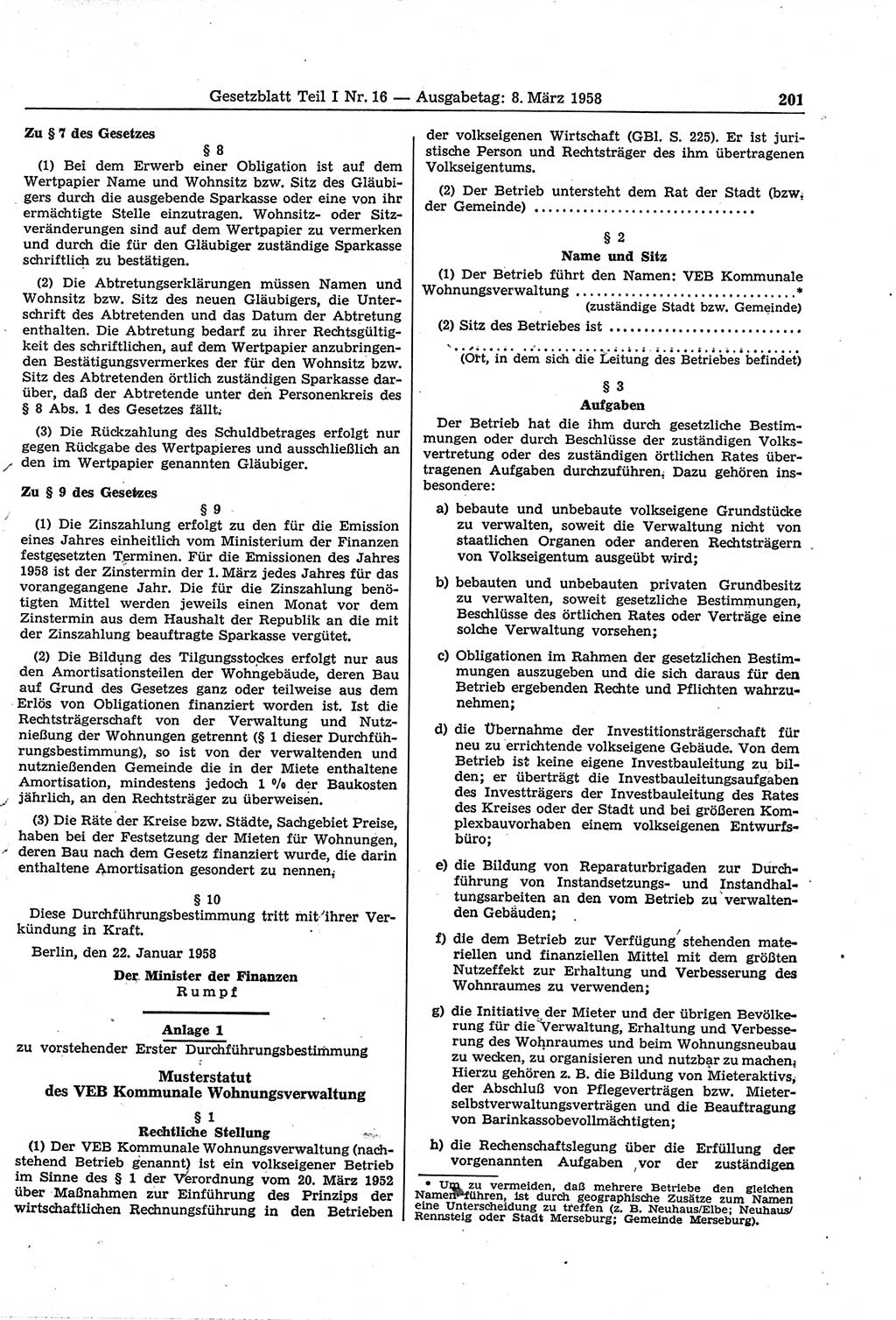 Gesetzblatt (GBl.) der Deutschen Demokratischen Republik (DDR) Teil Ⅰ 1958, Seite 201 (GBl. DDR Ⅰ 1958, S. 201)