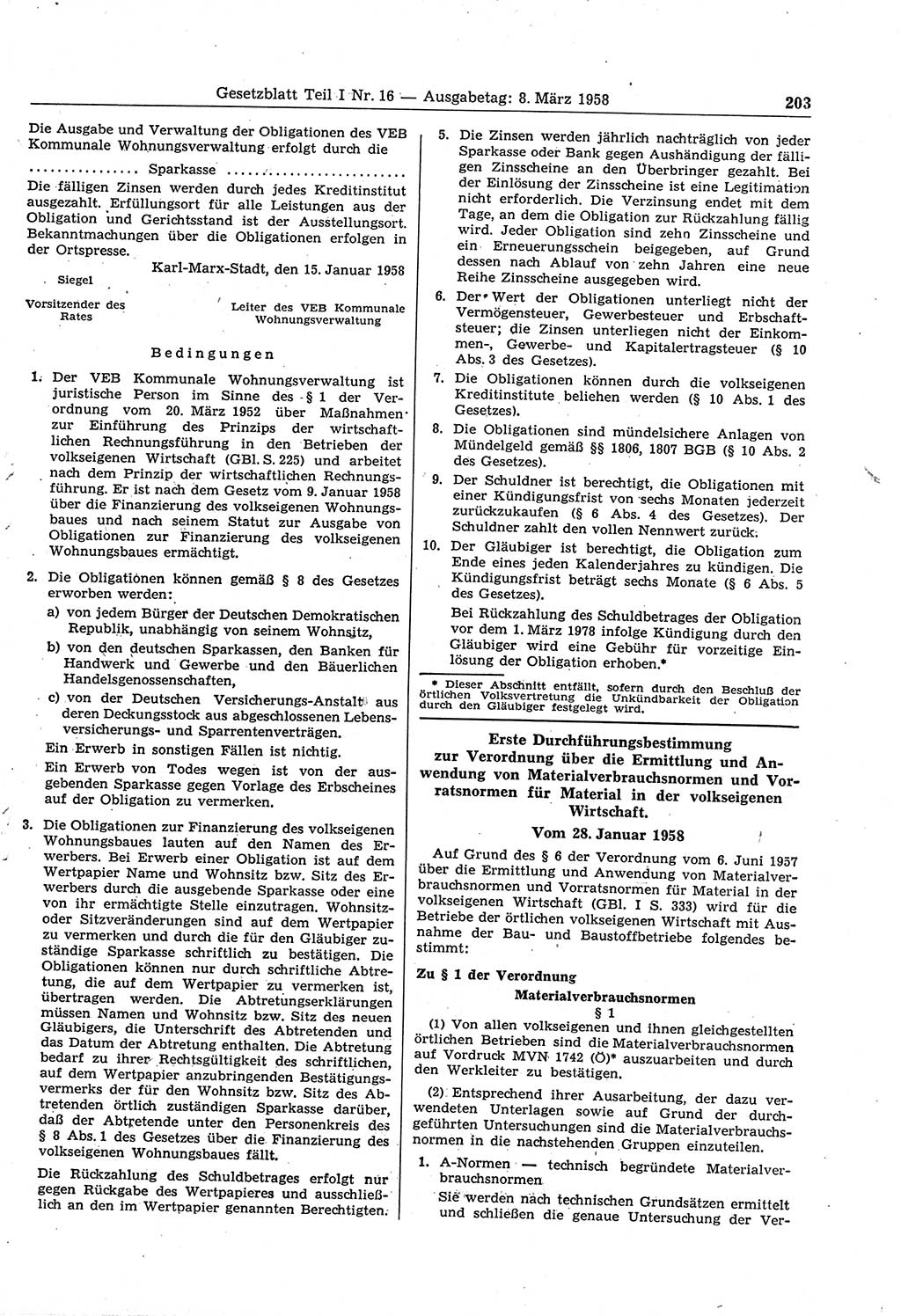 Gesetzblatt (GBl.) der Deutschen Demokratischen Republik (DDR) Teil Ⅰ 1958, Seite 203 (GBl. DDR Ⅰ 1958, S. 203)