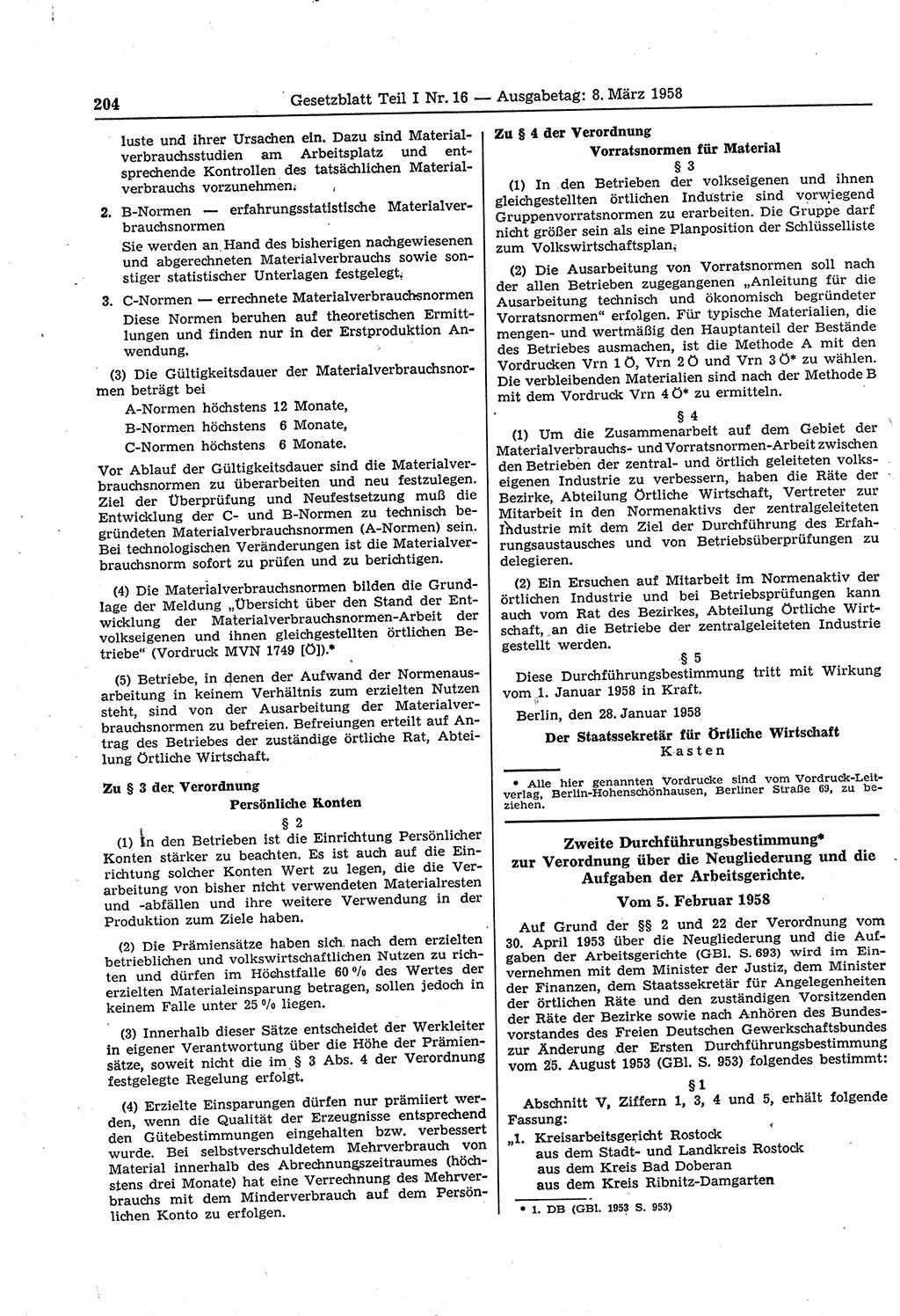 Gesetzblatt (GBl.) der Deutschen Demokratischen Republik (DDR) Teil Ⅰ 1958, Seite 204 (GBl. DDR Ⅰ 1958, S. 204)