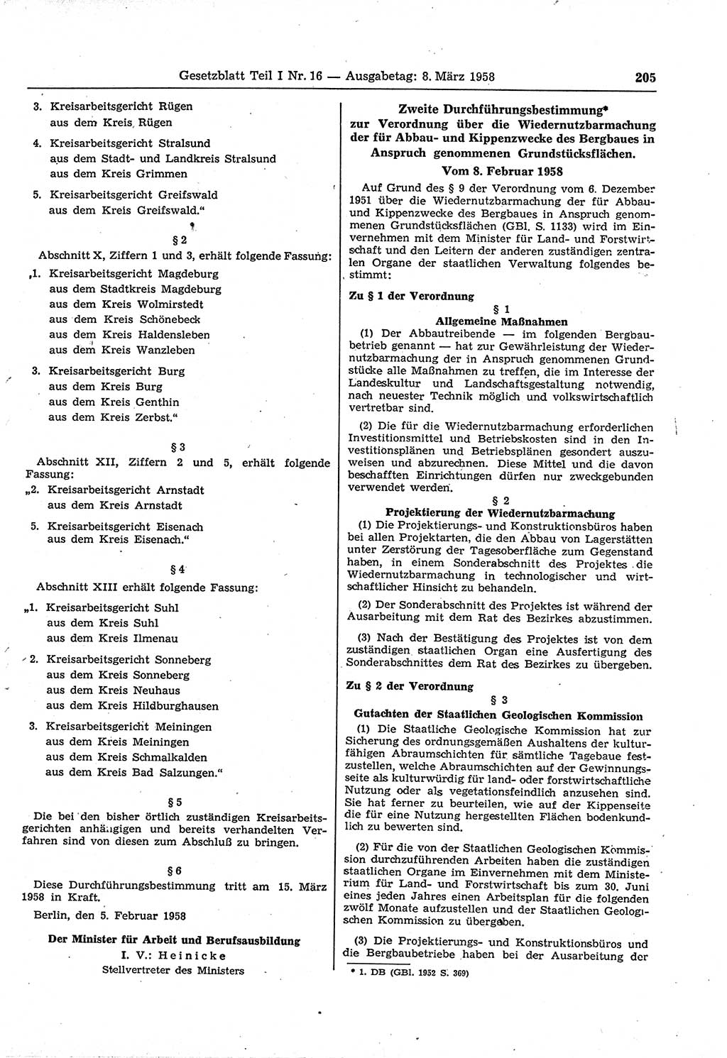 Gesetzblatt (GBl.) der Deutschen Demokratischen Republik (DDR) Teil Ⅰ 1958, Seite 205 (GBl. DDR Ⅰ 1958, S. 205)