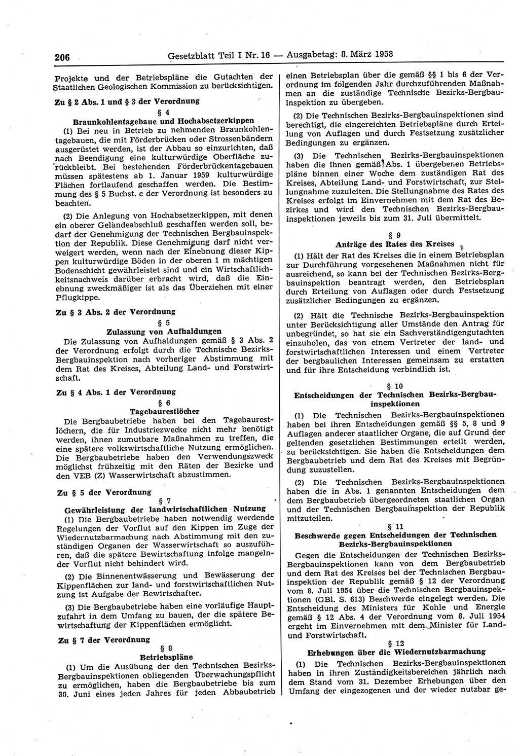 Gesetzblatt (GBl.) der Deutschen Demokratischen Republik (DDR) Teil Ⅰ 1958, Seite 206 (GBl. DDR Ⅰ 1958, S. 206)