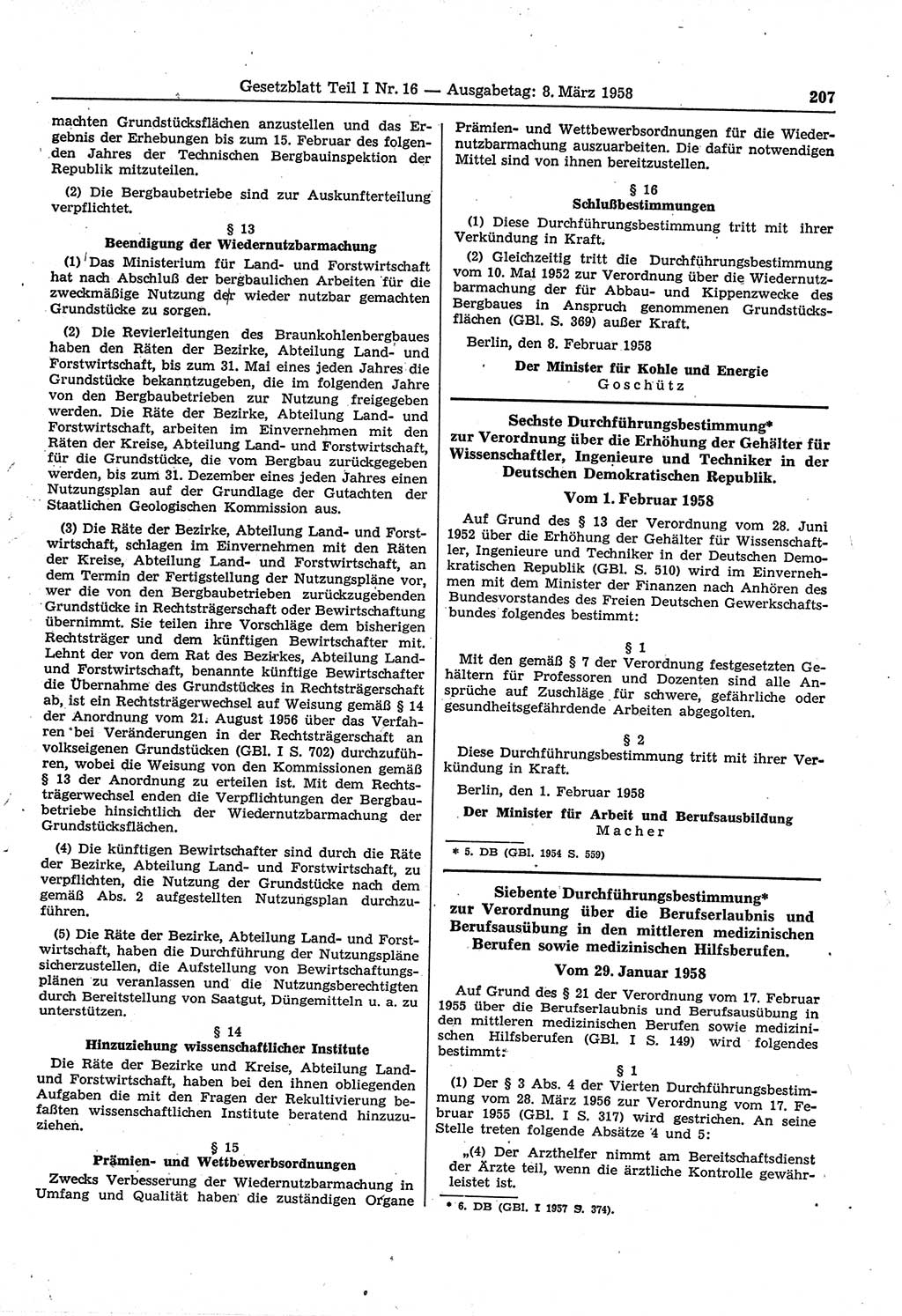 Gesetzblatt (GBl.) der Deutschen Demokratischen Republik (DDR) Teil Ⅰ 1958, Seite 207 (GBl. DDR Ⅰ 1958, S. 207)