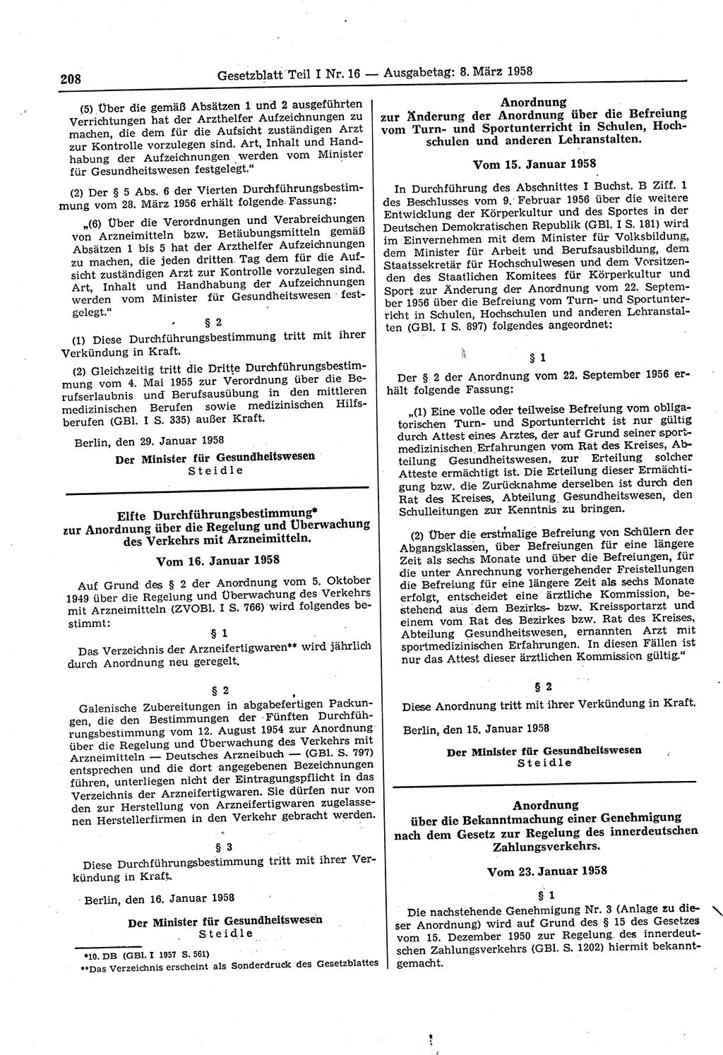 Gesetzblatt (GBl.) der Deutschen Demokratischen Republik (DDR) Teil Ⅰ 1958, Seite 208 (GBl. DDR Ⅰ 1958, S. 208)