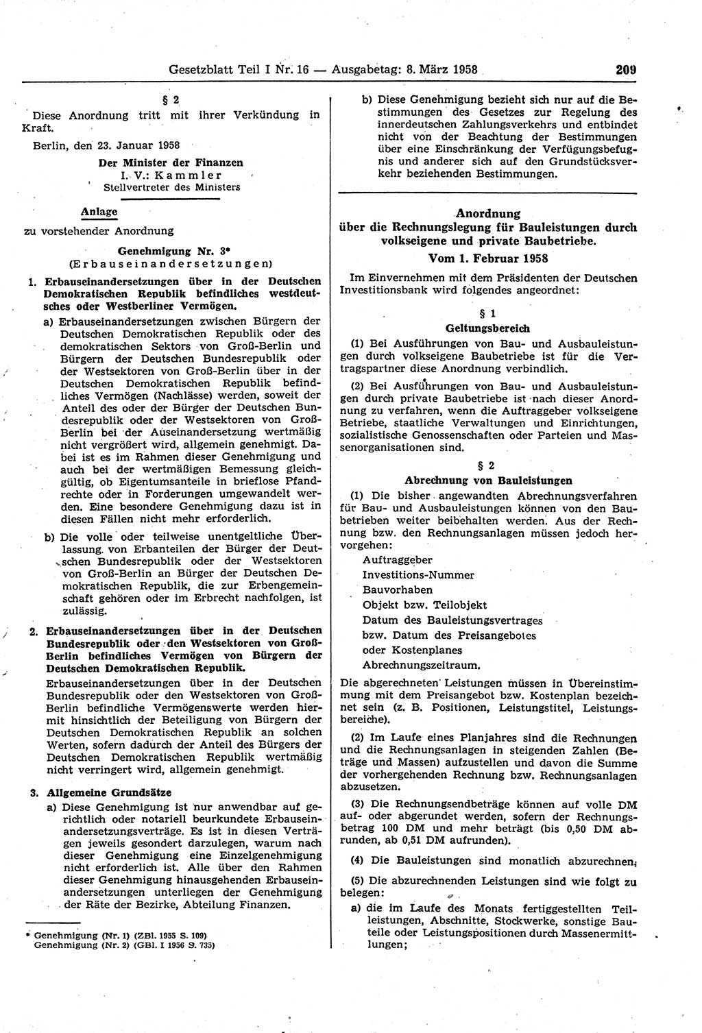 Gesetzblatt (GBl.) der Deutschen Demokratischen Republik (DDR) Teil Ⅰ 1958, Seite 209 (GBl. DDR Ⅰ 1958, S. 209)