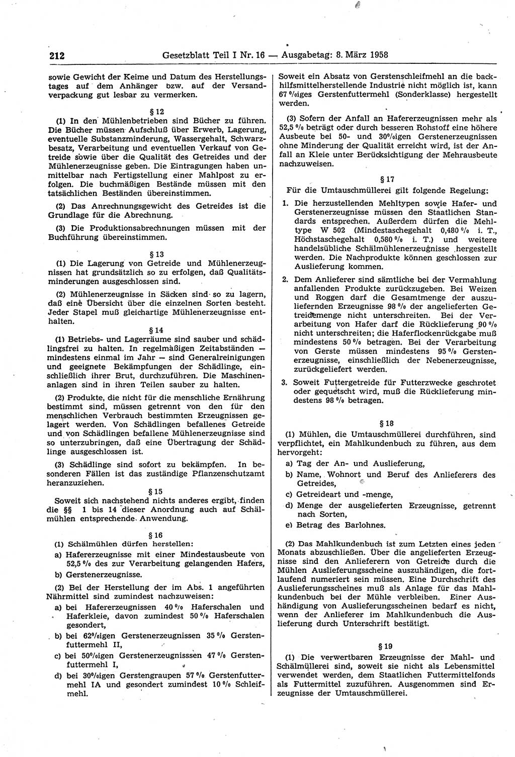 Gesetzblatt (GBl.) der Deutschen Demokratischen Republik (DDR) Teil Ⅰ 1958, Seite 212 (GBl. DDR Ⅰ 1958, S. 212)
