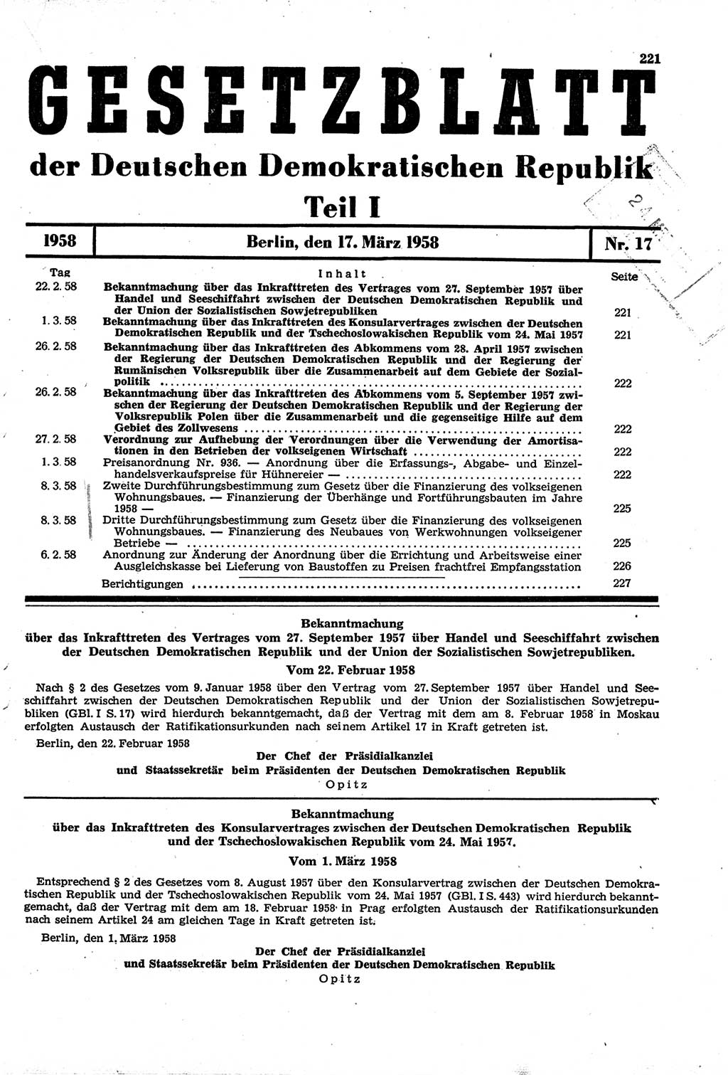 Gesetzblatt (GBl.) der Deutschen Demokratischen Republik (DDR) Teil Ⅰ 1958, Seite 221 (GBl. DDR Ⅰ 1958, S. 221)