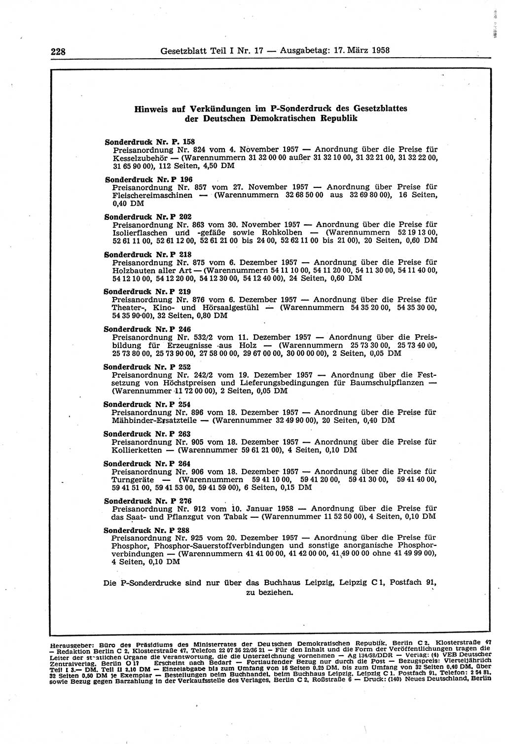 Gesetzblatt (GBl.) der Deutschen Demokratischen Republik (DDR) Teil Ⅰ 1958, Seite 228 (GBl. DDR Ⅰ 1958, S. 228)