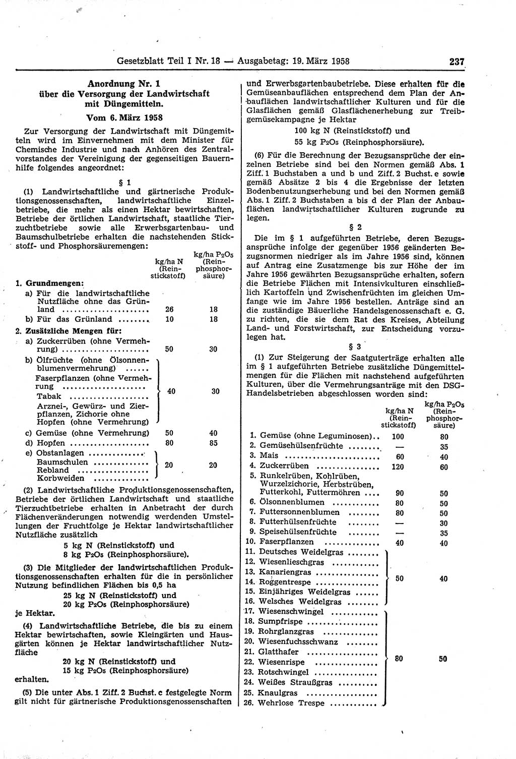 Gesetzblatt (GBl.) der Deutschen Demokratischen Republik (DDR) Teil Ⅰ 1958, Seite 237 (GBl. DDR Ⅰ 1958, S. 237)
