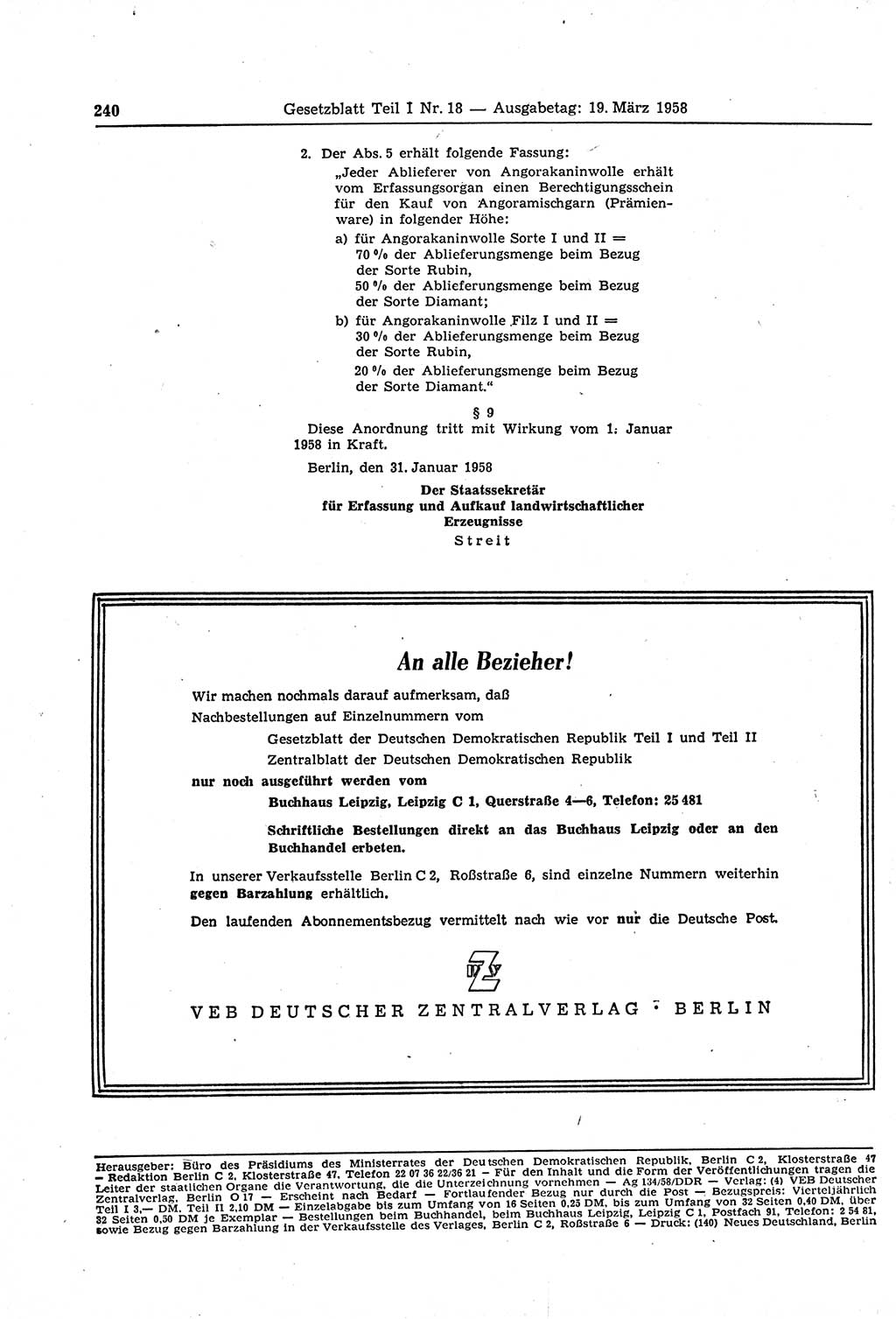 Gesetzblatt (GBl.) der Deutschen Demokratischen Republik (DDR) Teil Ⅰ 1958, Seite 240 (GBl. DDR Ⅰ 1958, S. 240)