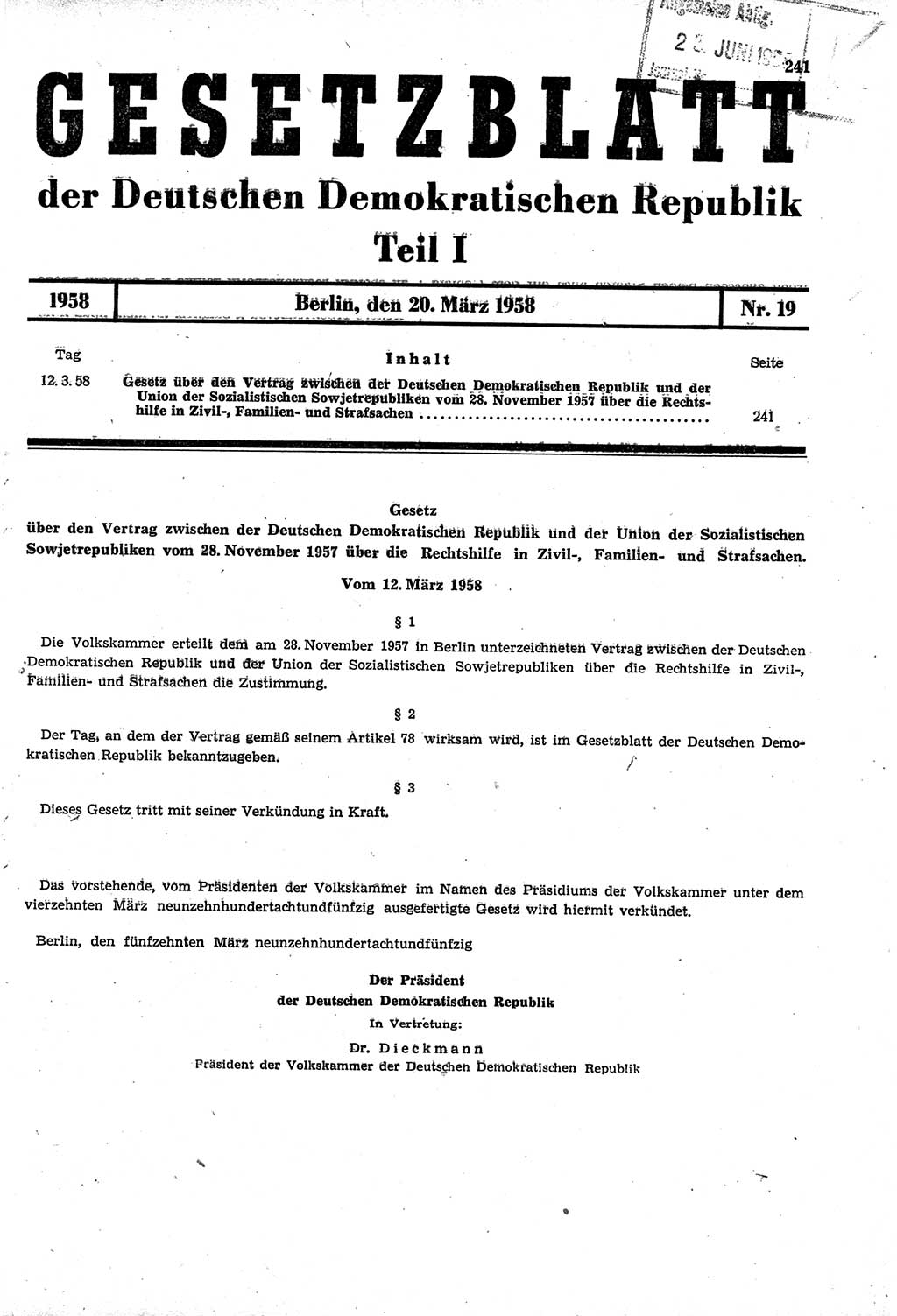 Gesetzblatt (GBl.) der Deutschen Demokratischen Republik (DDR) Teil Ⅰ 1958, Seite 241 (GBl. DDR Ⅰ 1958, S. 241)