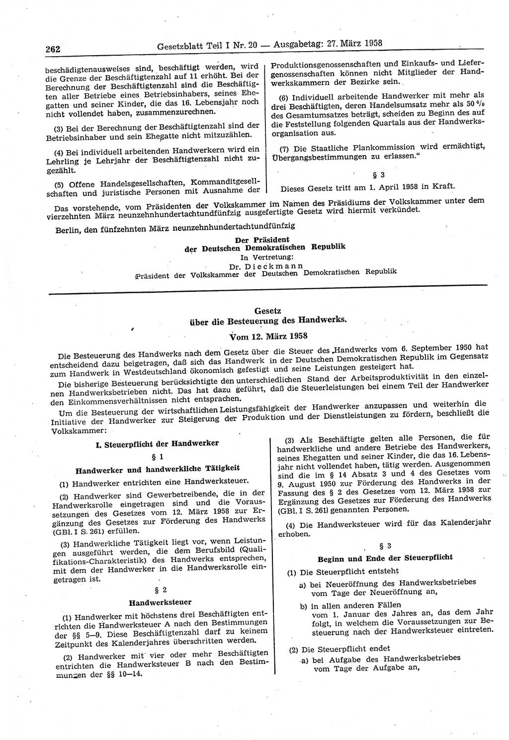 Gesetzblatt (GBl.) der Deutschen Demokratischen Republik (DDR) Teil Ⅰ 1958, Seite 262 (GBl. DDR Ⅰ 1958, S. 262)