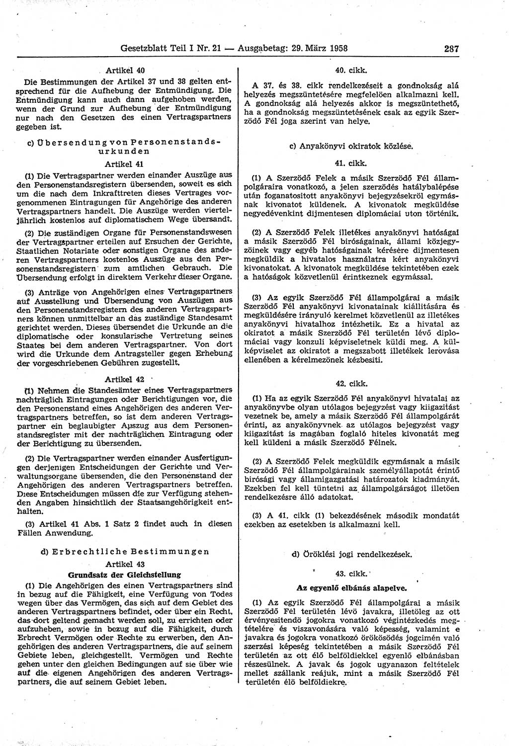Gesetzblatt (GBl.) der Deutschen Demokratischen Republik (DDR) Teil Ⅰ 1958, Seite 287 (GBl. DDR Ⅰ 1958, S. 287)