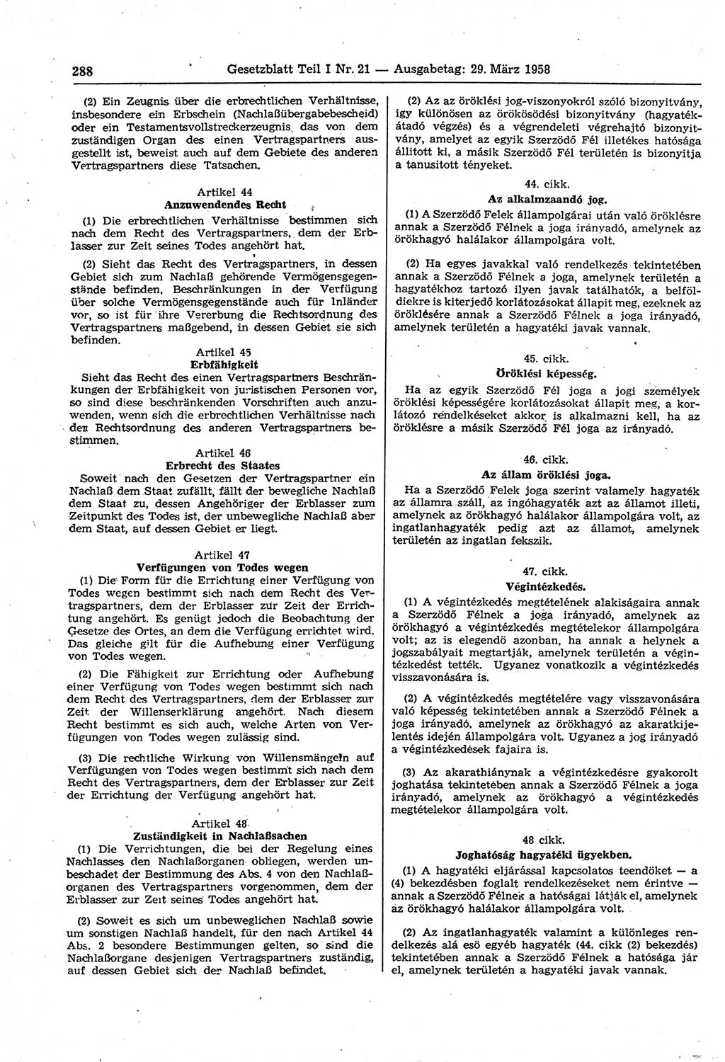 Gesetzblatt (GBl.) der Deutschen Demokratischen Republik (DDR) Teil Ⅰ 1958, Seite 288 (GBl. DDR Ⅰ 1958, S. 288)