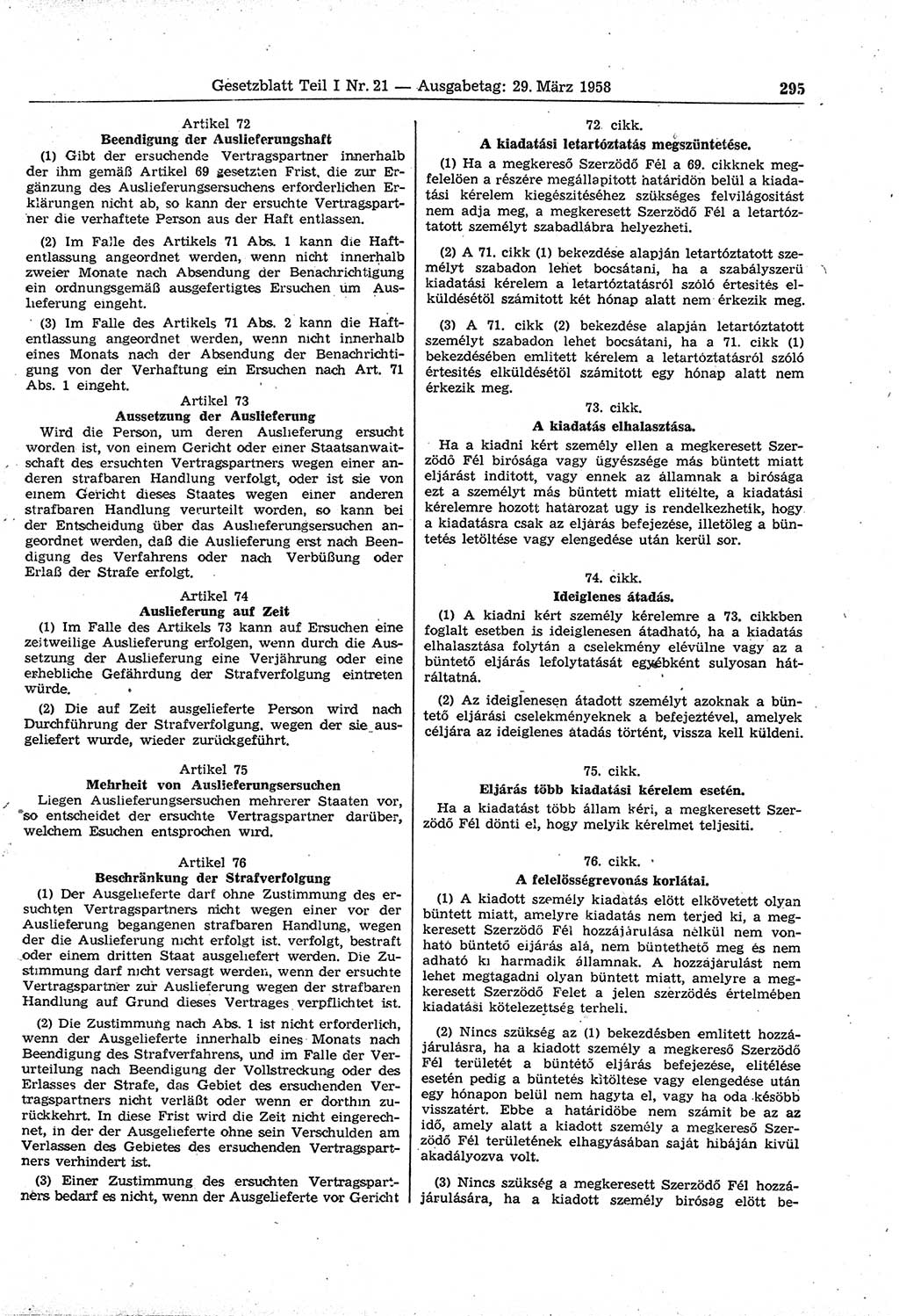Gesetzblatt (GBl.) der Deutschen Demokratischen Republik (DDR) Teil Ⅰ 1958, Seite 295 (GBl. DDR Ⅰ 1958, S. 295)