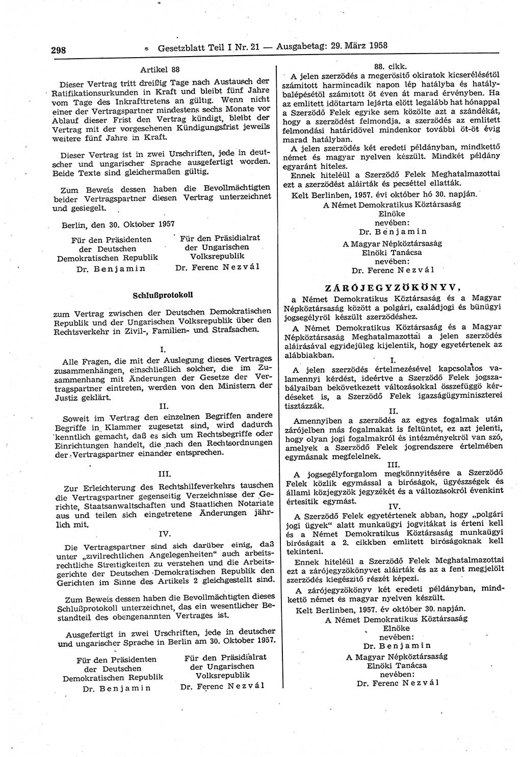 Gesetzblatt (GBl.) der Deutschen Demokratischen Republik (DDR) Teil Ⅰ 1958, Seite 298 (GBl. DDR Ⅰ 1958, S. 298)
