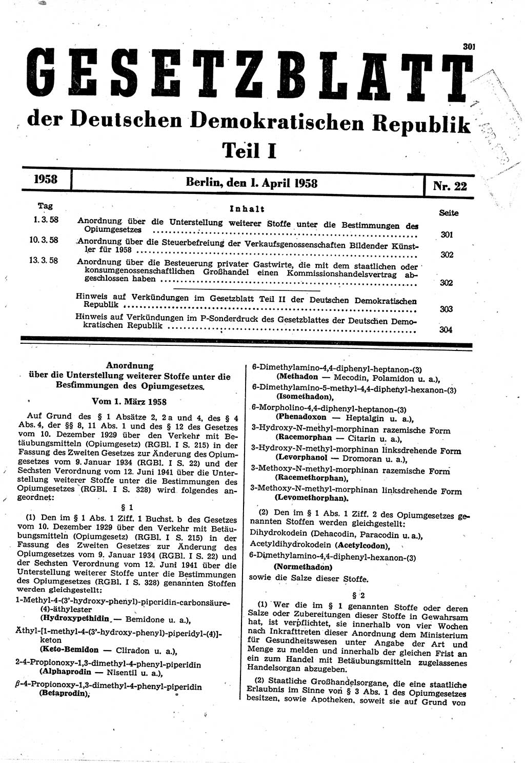 Gesetzblatt (GBl.) der Deutschen Demokratischen Republik (DDR) Teil Ⅰ 1958, Seite 301 (GBl. DDR Ⅰ 1958, S. 301)